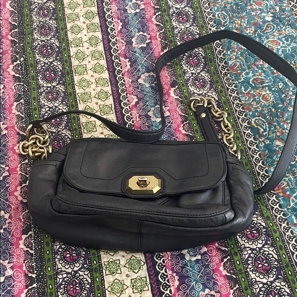 Coach Black Leather Shoulder Bag with Gold Accents